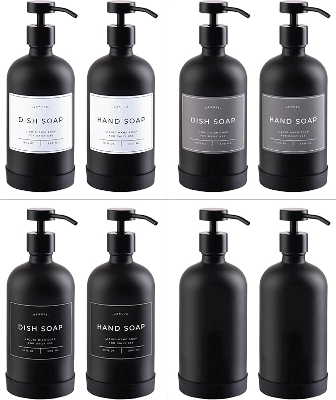 16oz Glass Soap Dispenser with Stainless Steel Pump, 21 Waterproof Labels, Non-Slip Protective Silicone Pad, Set of 2 for Bathroom & Kitchen (Matte Black Bottle/Black Pump)