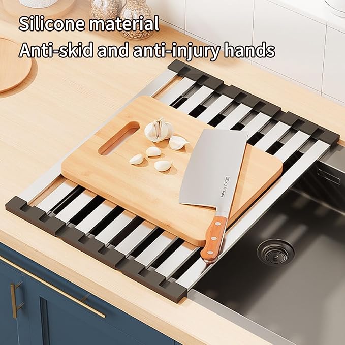 Foldable Dish Drying Rack, Over The Sink Dish Drying Rack ，Dish Drying mat，Dish Drying mats for Kitchen Counter，Stainless Steel Multifunctional mat(16.54×12.8in)