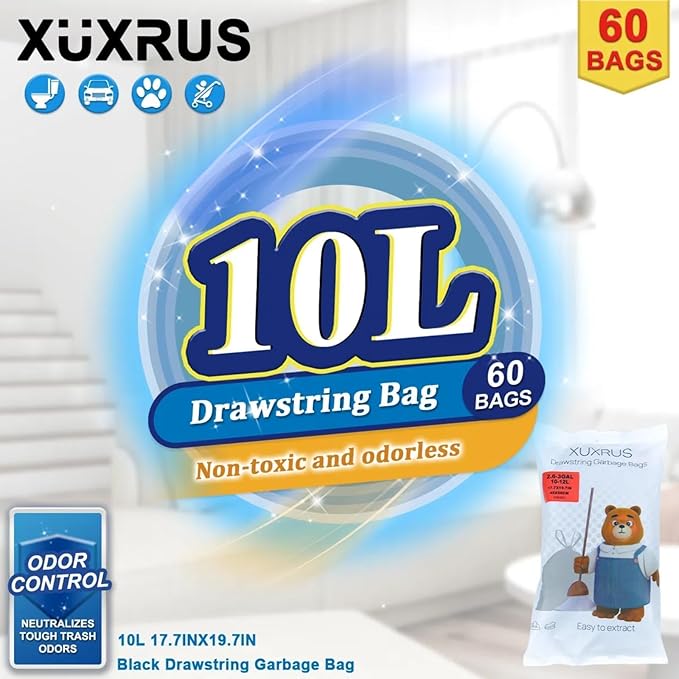 XUXRUS 2.6-3 Gallon Black Bathroom Drawstring Trash Bags - 60 Count Folded Small Garbage Bags, Tear-Resistant & Leak-Proof, Odor Control Liners for Bathroom, Kitchen, Office – Heavy Duty Trash Bags