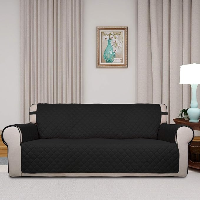 PureFit Reversible Quilted Sofa Cover, Water Resistant Slipcover Furniture Protector, Washable Couch Cover with Non Slip and Elastic Straps for Kids, Dogs, Pets (Oversized Sofa, Black/Beige)