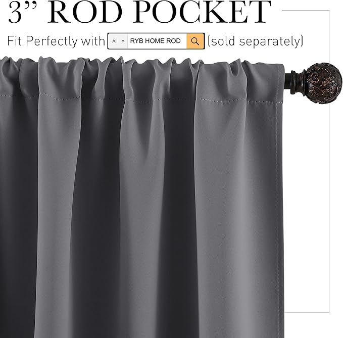 RYB HOME Blackout Tier Curtains for Kitchen, Solid Half Window Curtain Tiers for Bedroom Energy Saving Privacy Shade for RV Camper Bathroom Basement, Width 29 x Length 30 inches, Grey, 2 Pieces