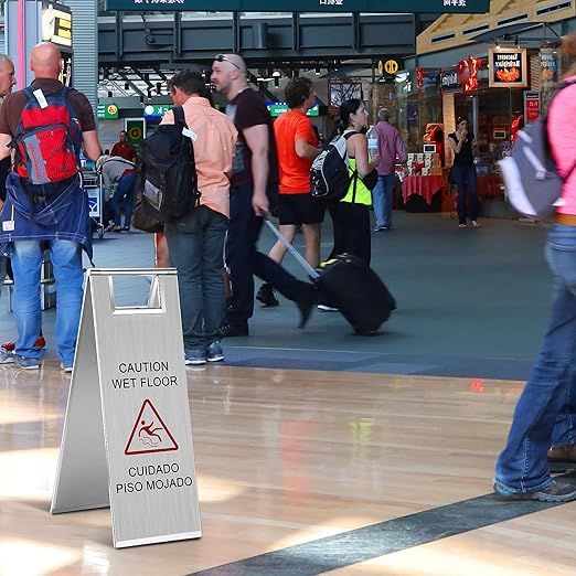 Kigley 2 Pcs Wet Floor Sign, 24 Inch Stainless Steel Caution Wet Floor Sign Double Sided Portable Foldable Bilingual Safety Warning for Hotel Market Restroom Restaurant Office (Silver)