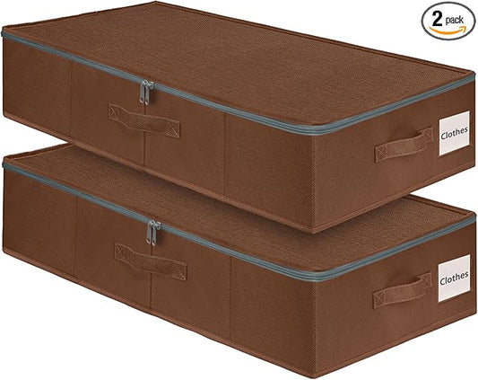 punemi Underbed Storage Box, Under Bed Clothes Storage With Sturdy Structure and Ultra Thick Fabric & zipper Lid, Use as Clothes Organizer, Pillow and Blanket Organizer, Brown, Large, 2 pack