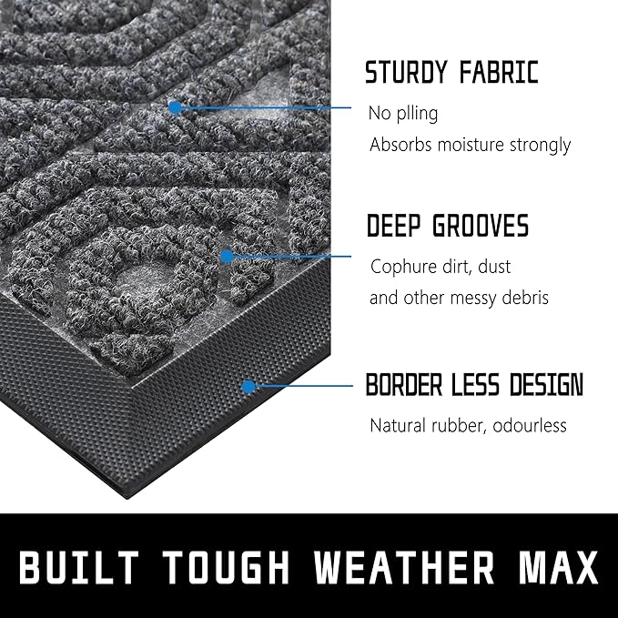 Yimobra Door Mat, Outdoor Indoor Entrance Welcome Mat, Heavy Entry Front Door Mat, Stain & Fade Resistant, Low Profile, Sturdy Rubber, Easy Clean Patio Floor Mat, Waterproof, 36 x 24, Gray
