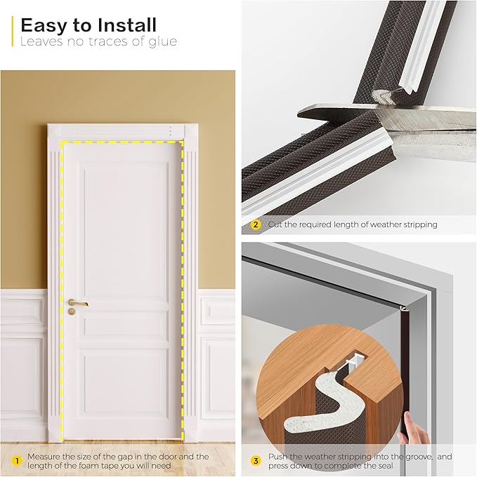 Ravinte Weather Stripping Door Seal Strip Soundproof "Q" Foam Weather Stripping for Door Frame, Exterior Door Weather Stripping for Large Gap, Easy to Install（Brown, 19.8FT)