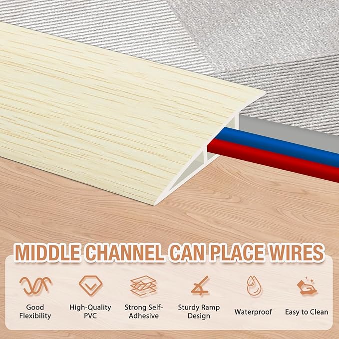 Floor Transition Strip Self Adhesive Vinyl Door Threshold for Doorways Carpet Edging Trim Overlap Edge Reducer for Laminate Floor, Carpet, Tile (Beige Wood Grain, 1/5" to 2/5", 10Ft)