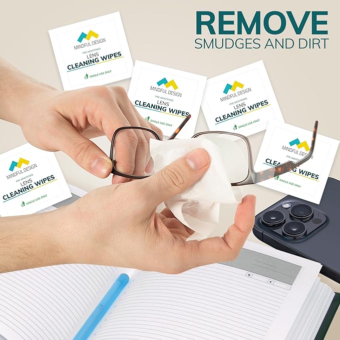 Mindful Design Lens Cleaning Wipes for Eyeglasses, 210ct - Individually Wrapped, Eye Glass Cleaning, Lens Wipes for Glasses/Sunglasses, Packaging May Vary