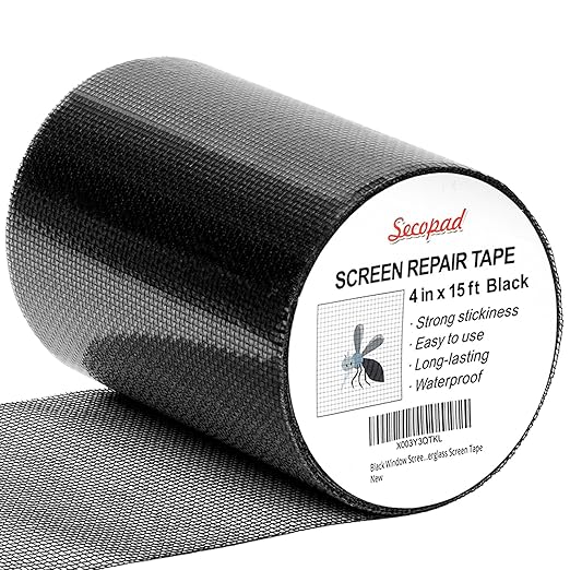 Black Window Screen Repair Tape, 4 in X 15 FT (180IN) Screen Repair Kit for Windows or Doors, Strong Adhesive Fiberglass Mesh Patch Tape