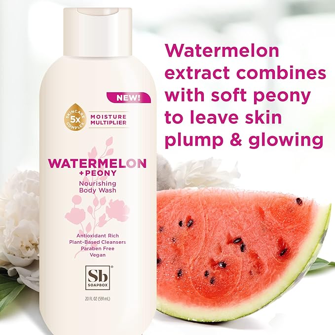 Soapbox Body Wash, Watermelon + Peony Body Wash for Women, Men, Vegan & Antioxidant Rich, Exfoliating, Moisturizing Soap with Shea Butter, Peptides & Keratin Promoting B3, 3 Pack, 20oz Each