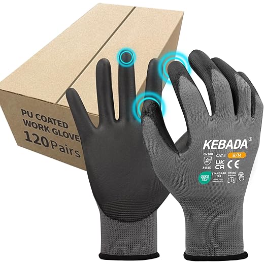 Kebada Safety Work Gloves,120 Pairs Bulk Pack, Touchscreen, PU Coated, Ideal for Warehouse, Construction, Gardening and Mechanics, Grey, Small