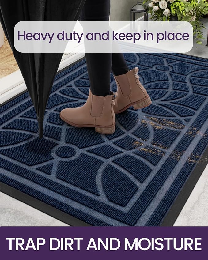 DEXI Front Door Mat Outside Entrance, Heavy Duty Non Slip Low Profile Doormat for Entryway, Trap Dirt and Moisture Welcome Mats, Easy Clean, Patio, Garage, 6x4, Blue