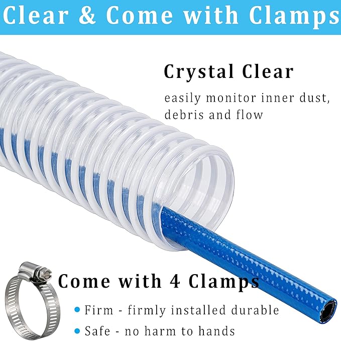 Dust Collection Hose 1-1/2 in × 5 ft Heavy Duty Clear Flexible PVC Reinforced Thicken Helix Suction Discharge Corrugated Pipe Hose for Fume Dust Collector Fitting Wood Chip Saw (1.5 inch hose)