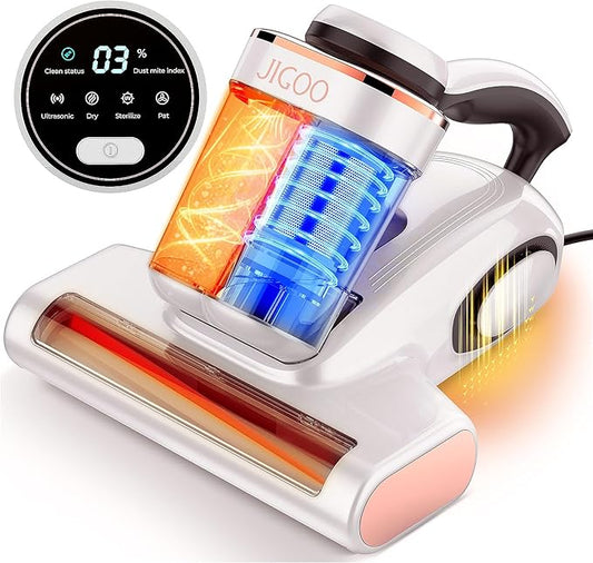 JIGOO Bed Vacuum Cleaner with Dust Sensor, Mattress Vacuum Cleaner with UV & Ultrasonic and High Heating, 13Kpa Suction 500W Powerful Double-Cup Handheld Vacuums (J300, Corded)