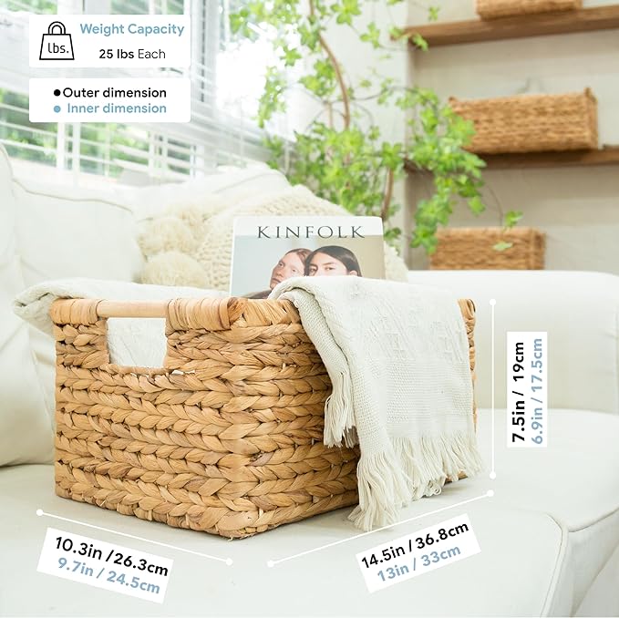 VATIMA Large Rectangular Wicker Basket with Wooden Handles for Shelves and Storage - Natural Water Hyacinth Basket for Organizing, 14.5 x 10.3 x 7.5 inches