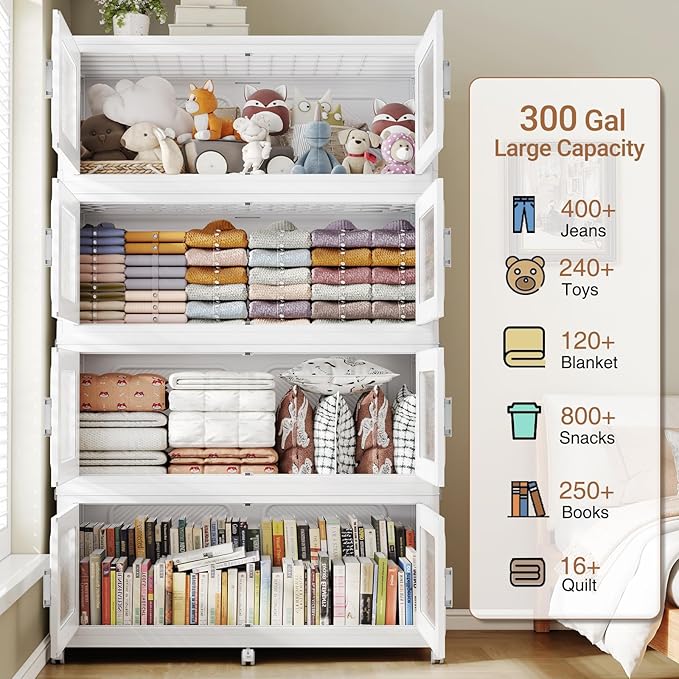 BROVIEW 300 Qt Stackable Storage Bin with Lid, 75Gal Extra Large Collapsible Storage Boxes, Folding Plastic Drawer, Heavy-Duty Store Cabinet, Closet Organizer for Home Kitchen, 1 Pack White