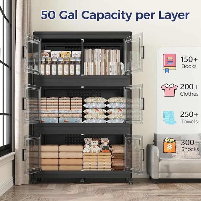 150GAL Storage Bins with Lid and Wheels, Stackable Closet Organizers and Storage Drawer, Collapsible Storage Box with Dividers, Foldable Plastic Cabinets Cubes Totes for Garage, 3 Pack Black