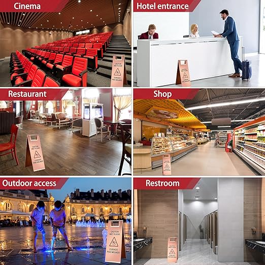 Kigley 2 Pcs Wet Floor Sign, 24 Inch Stainless Steel Caution Wet Floor Sign Double Sided Portable Foldable Bilingual Safety Warning for Hotel Market Restroom Restaurant Office (Rose Gold)