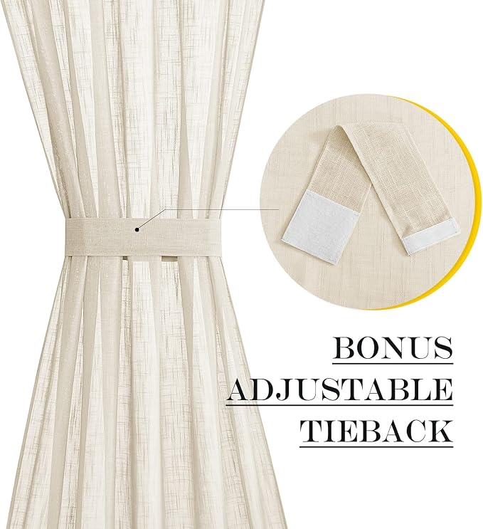NICETOWN Faux Linen Kitchen Bathroom Door Curtains 40 Inches Length, Farmhouse Dual Rod Pocket Sheer French Door Curtains for Glass with Tieback for Privacy Protection, 1 PC, 36x40, Beige