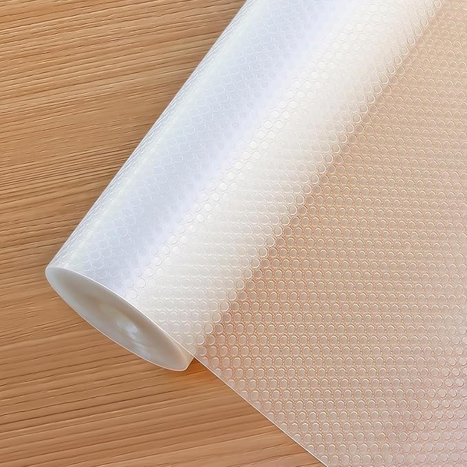 Shelf Liners 20 in x 20 ft EVA Drawer Mats, Non-Adhesive Cupboard Protector, Kitchen Cabinet Lining Fridge Liner (Clear Flat Dot, 50.8x610cm)