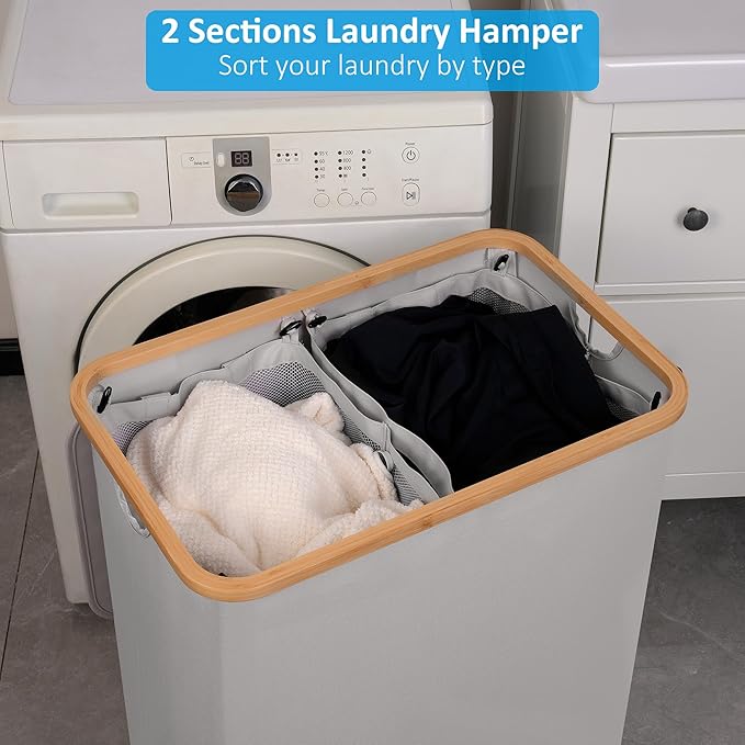 Double Laundry Hamper with Lid, Divided Laundry Hamper with Removable Bags, 2 Section Dirty Clothes Basket with Handles for Bathroom, Bedroom & Laundry Room, 160L Dove Gray
