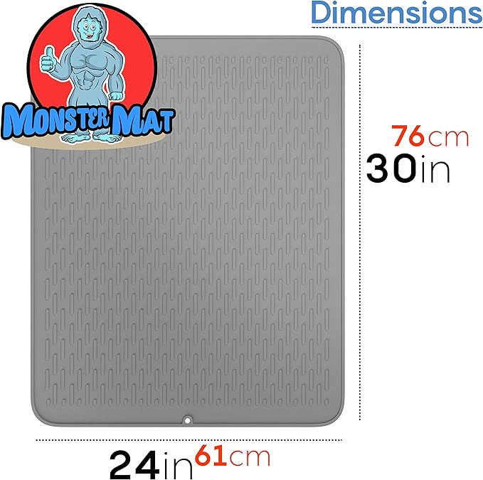 Monster Mat Extra Large Silicone Dish Drying Mat (30"x24") – Heavy Duty & Fast-Drying Silicone Mat - Non-Slip XL Dish Drying Mat For Kitchen Counter - Gray