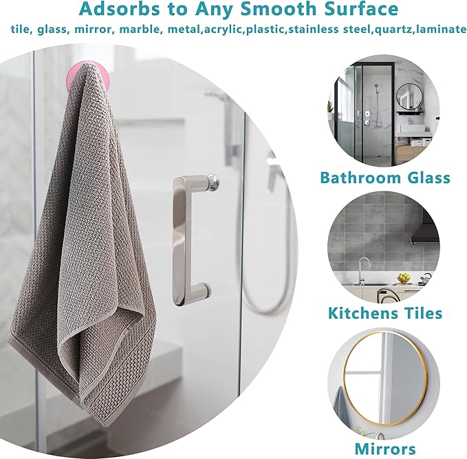 Suction Cup Hooks for Shower,Removable No Drill Towel Hooks,Upgraded 15 lbs Strong Suction hooks for Bathroom Tile,Shower Wall,Glass Door,Kitchen-Loofah,Coat,Stainless Waterproof-Pink 2 Pcs