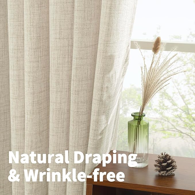 YoungsTex Linen Semi Sheer Curtains 78 Inch Length for Living Room, Boho Cream Light Filtering Window Drapes Textured with Rod Pocket Back Tab for Dining Bedroom, 2 Panels, 52 X 78 Inch