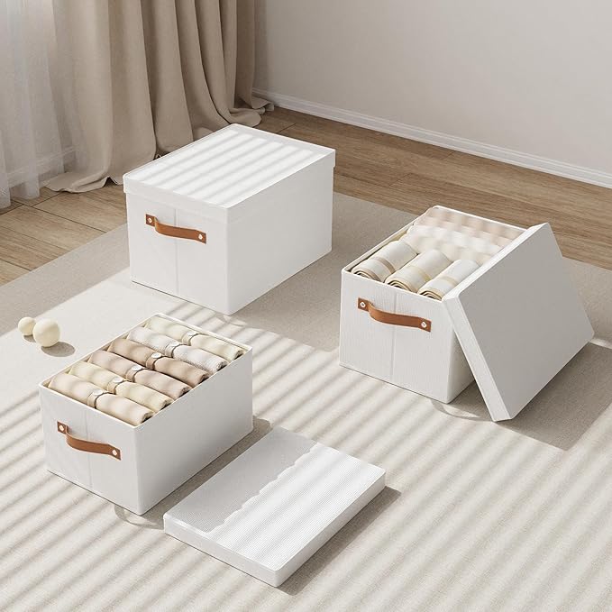 Fabric Storage Bins, 7.1 x 9.1 x 13 Inch Clothes Boxes for Shelves with Lids, Baskets for Organizing with Handles, Decorative Linen Closet Organizers, White, 1 Pack