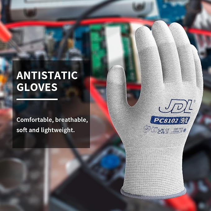 JDL ESD Work Gloves, Anti-Static Gloves for PC Building, 6 pairs, Computer Installation & Repair, High Resistance Carbon Fiber Gloves, Medium