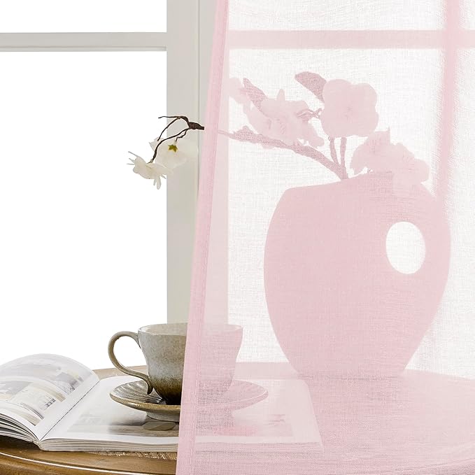 Tollpiz Small Sheer Linen Textured Curtain Sheers Doorway Light Filtering Voile French Door Rod Pocket Curtains, 25 x 40 inches Long, Pink, Set of 1 Panel