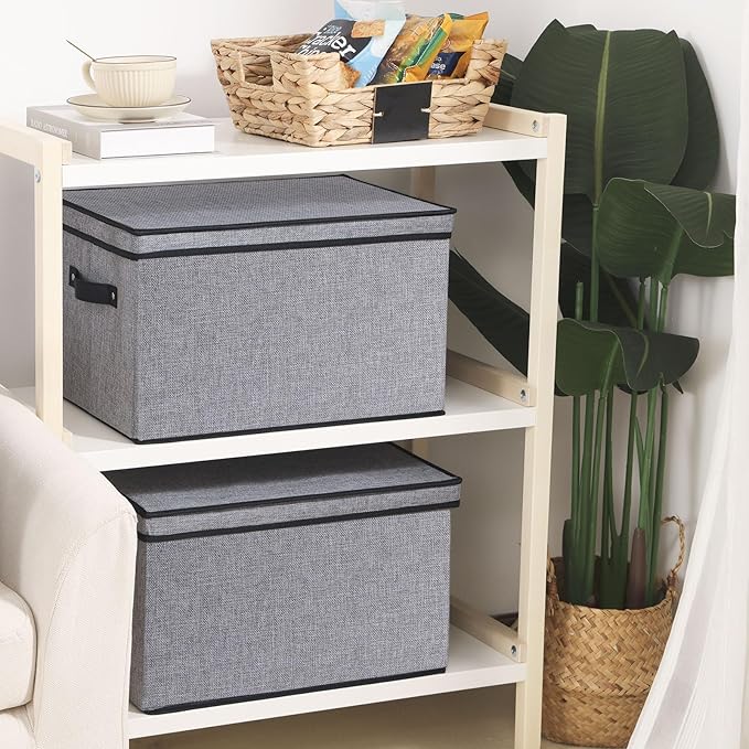 Storage Boxes, 15 x 9.8 x 8.3 Inch Baskets for Organizing with Lids, Fabric Bins with Handles, Decorative Linen Closet Organizers, Gray, 3 Pack