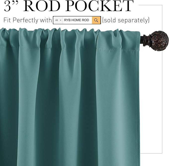 RYB HOME Bedroom Window Curtains, Heat Cold Insulated Drapes for Energy Cost Saving Washable Curtain Set for Living Room Family Engagement Bathroom Sunroom, 42 x 54 inches Long, Teal, 1 Pair