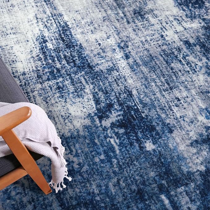 IOHOUZE Abstract Runner Rug 3x12 Ft Washable Runners for Hallways, Non Slip Kitchen Runner Printed Faux Wool Entryway Runner Indoor, Modern Abstract Floor Carpet for Hall Kitchen, Navy/Grey