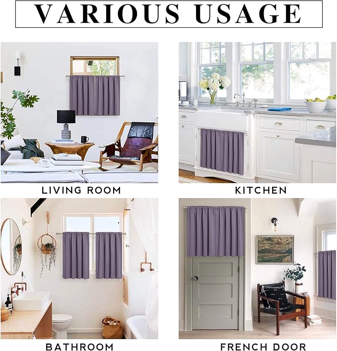 RYB HOME Small Curtains Blackout - Privacy Energy Efficiency Mini Curtains for Kids Bedroom RV Camper Windows Trailer Bathroom Kitchen Cabinet Window Tiers, W 29 x L 24, Greyish Purple, 2 Panels