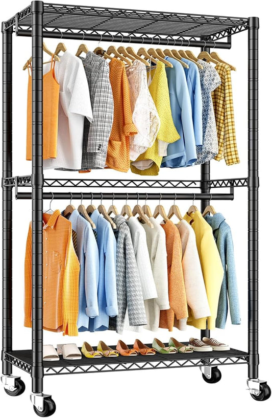 Raybee Heavy Duty Clothing Rack with Wheels,Rolling Clothes Rack for Hanging Clothes,Portable,2 Shelves,Black