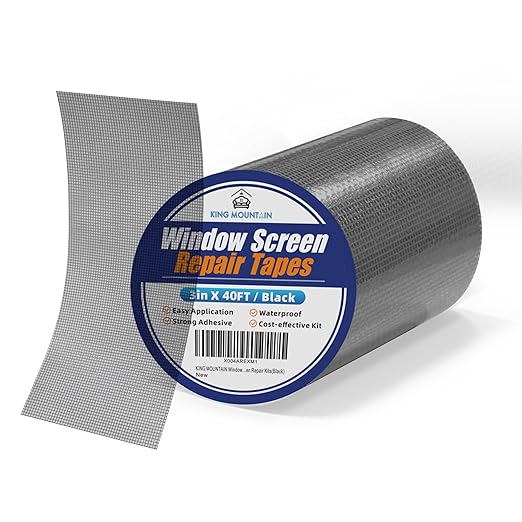 KING MOUNTAIN Black Window Screen Repair Tape,3inX40FT Heavy Duty Screen Repair Kit for Window Screen and Screen Door Tears Holes,Strong Adhesive & Waterproof Window Screen Patch