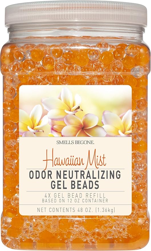 SMELLS BEGONE 48 oz Odor Eliminator Gel Bead Refill - Eliminates Odors from Bathrooms, Cars, Boats, RVs & Pet Areas - Air Freshener - Made with Essential Oils - Hawaiian Mist Scent