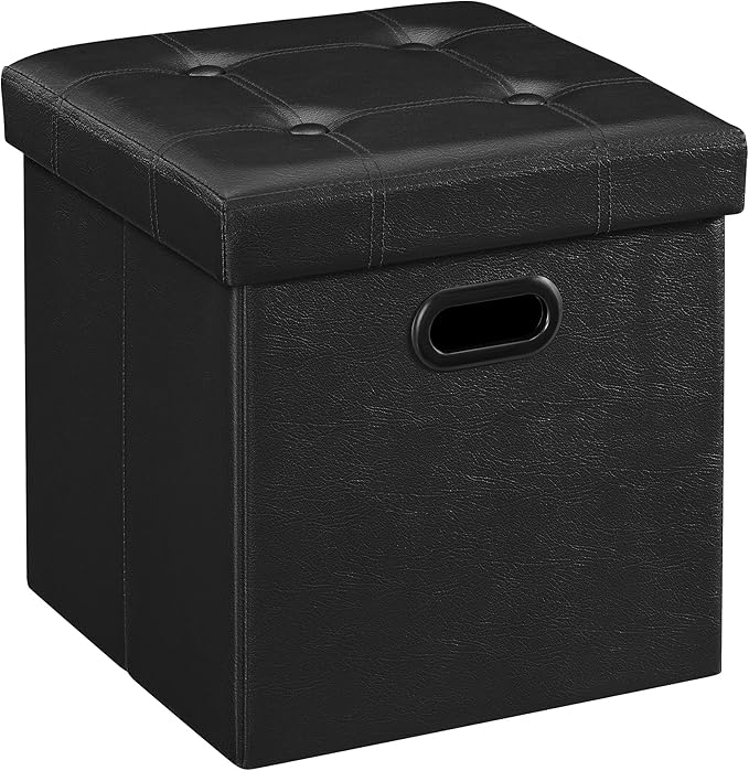 SONGMICS MAZIE Collection - 15 Inches Ottoman with Storage, Footstool, Storage Ottoman with Metal Grommet Handles, Load 660 lb, for Dorm, Living Room, Bedroom, Synthetic Leather, Black ULSF30B