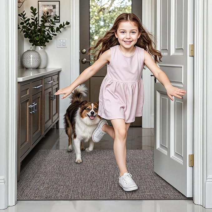 LUMI Large Indoor Door Mat, 36"x56" Non Slip Rubber Backing Entrance, Easy Clean Low Profile Ultra Thin Entryway for Inside House, Brown