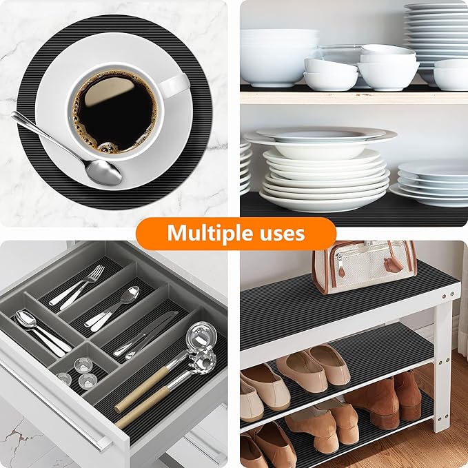 Shelf Liners for Kitchen Cabinets Non Adhesive Drawer Liner EVA Material Cupboard Mat Refrigerator Mats Washable Fridge Liner for Cabinet, Storage and Desks 17.3 x 157.4 Inches Black