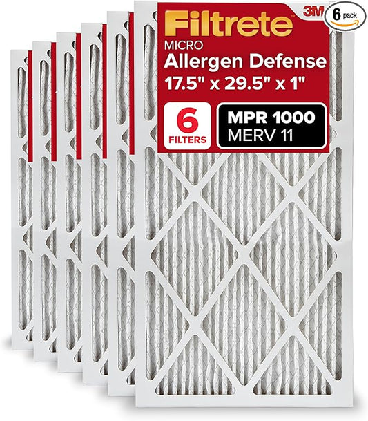 Filtrete 17.5x29.5x1 AC Furnace Air Filter, MERV 11, MPR 1000, Micro Allergen Defense, 3-Month Pleated 1-Inch Electrostatic Air Cleaning Filter, 6 Pack (Actual Size 17.19x29.19x0.81 in)