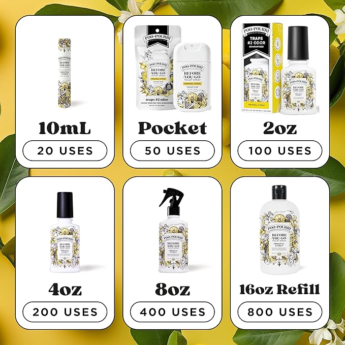 Poo-Pourri Before-You-Go Toilet Spray, Original Citrus, 2 Fl Oz, 2 Pack, Up to 100 Uses, Bathroom Odor Deodorizer with Essential Oils, Travel Essentials, TSA Approved Size, Lemon Bergamot