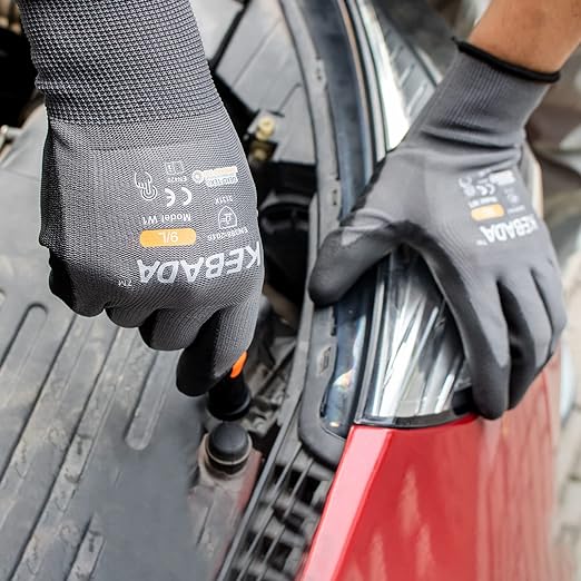 Kebada W1 Work Gloves for Men and Women, Touchscreen PU Coated Gloves with Grip, 50 Pairs Bulk Pack, Ideal for Warehouse Package Handling, Construction, Gardening, Gray Large