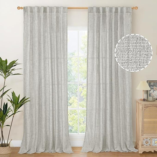 YoungsTex Light Grey Linen Curtains 95 Inches Long for Living Room, Floor Length Semi Sheer Drapes with Rod Pocket Back Tab Light Filtering Window Treatments for Bedroom, 52 X 95 Inch, 2 Panels