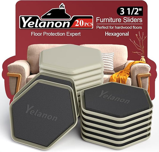 Furniture Sliders - 20 pcs-3 1/2” Hexagon Beige Furniture Sliders for Carpet, Heavy Duty Furniture Movers Sliders, Reusable Furniture Moving Pads, Floor Protectors for Carpet