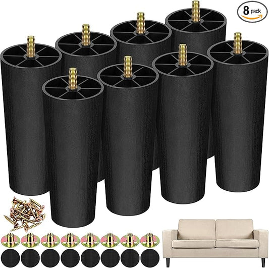 TURSTIN 8 Pack 6 Inch Plastic Furniture Legs with M8 T-Nuts Screws Tapered Sofa Couch and Chair Legs Replacement Furniture Legs for DIY Projects Sofas Coffee Tables Dressers Beds