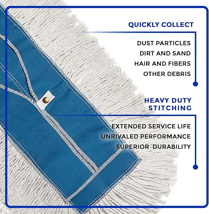 Nine Forty 48" Premium Cotton Dust Mop Kit - Heavy Duty Mop Head with Wood Handle for Industrial, Commercial, and Residential Cleaning - Dry Floor Duster for Hardwood Surfaces - White