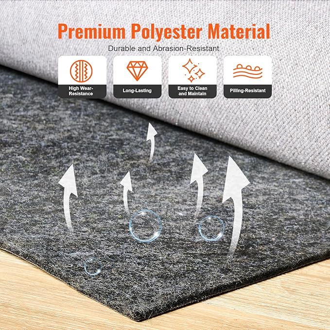 VEVOR Rug Pad Without Slip Resistance, Protective Cushioning Carpet Pad, 9' x 12', 1/4"Thick, 100% Pure Polyester Felt, 10-11㎡ Premium Comfort Underfoot Carpet Padding Rug Cushion for All Floors, Gray