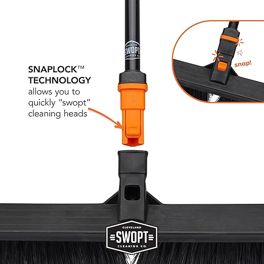 SWOPT Angled Broom Head + Push Broom Head + 17” Steel Dustpan – Multi-Surface Cleaning Kit Interchangeable with All SWOPT Cleaning Products for More Efficient Cleaning and Storage