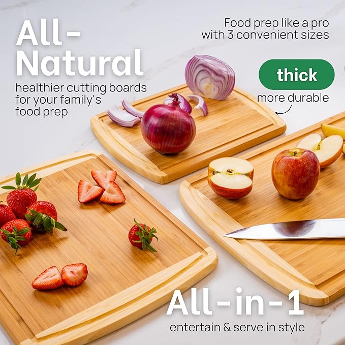 Extra Large Bamboo Cutting Board Set – Wood Cutting Boards for Kitchen, Non Toxic Cutting Board Set for Chopping, Slicing, Carving, Charcuterie – Ideal for Home Cooks, Entertaining, Family Meals